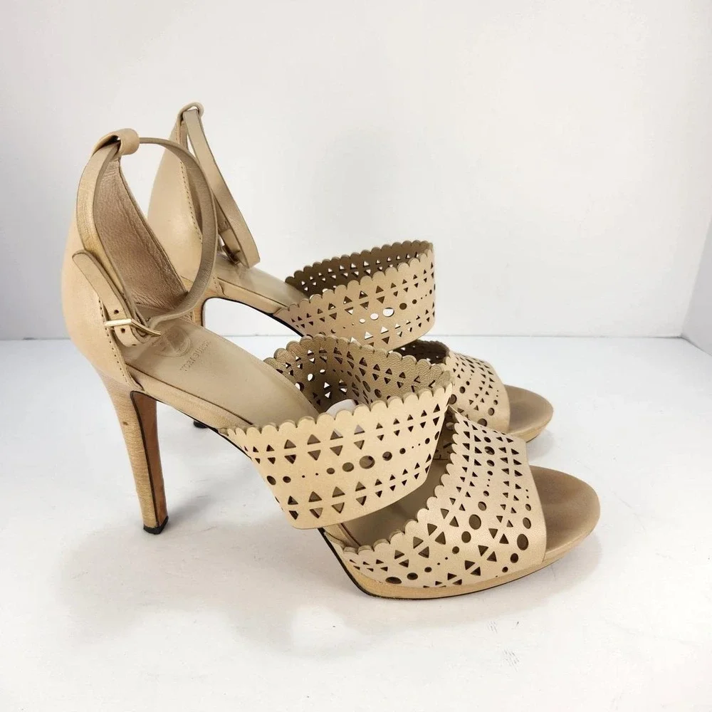 Tory Burch Women's Size 11M Beige Leather Laser Cut Ankle Strap High Heel Sandal